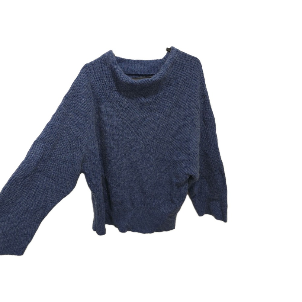 THE RESET R Label Wool Cashmere Mock Neck Sweater Blue Ribbed Asymmetric Large L